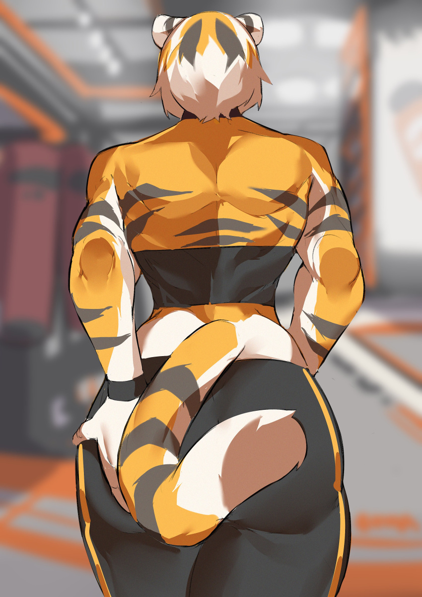 absurd_res anthro arknights back_muscles big_butt black_body butt clothed clothing countershading felid female fingers fur hair hand_on_butt hand_on_own_butt hi_res hypergryph mammal multicolored_body multicolored_fur multicolored_hair muscular mx99926 orange_body orange_fur orange_hair pantherine rear_view solo studio_montagne tiger video_games waaifu_(arknights) white_body white_fur white_hair workout_clothing