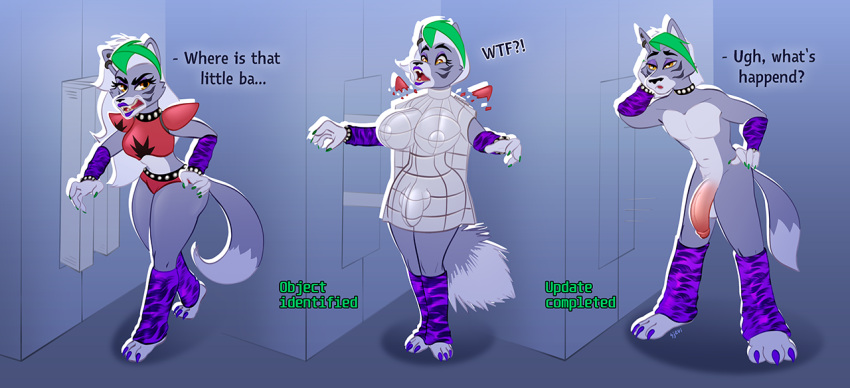 2022 angry anthro balls breasts canid canine canis clothed clothing crossgender digital_media_(artwork) english_text female five_nights_at_freddy's five_nights_at_freddy's:_security_breach ftm_crossgender ftm_transformation fur gender_transformation genitals hair hand_on_head linear_sequence machine male mammal nude open_mouth penis piercing roxanne_wolf_(fnaf) scottgames sequence sjevi teeth text thick_thighs tongue transformation transformation_mechanism transformation_sequence video_games wolf
