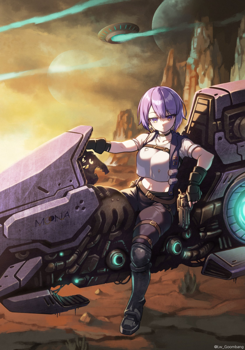1girl alien artist_name bangs crop_top crop_top_overhang dot_triangle earrings gun highres holding hololive hololive_indonesia hover_bike jewelry lw_goombang midriff moona_hoshinova multicolored_hair pants planet purple_eyes purple_hair revolver rock science_fiction shirt short_hair solo spacecraft speeder_bike virtual_youtuber weapon
