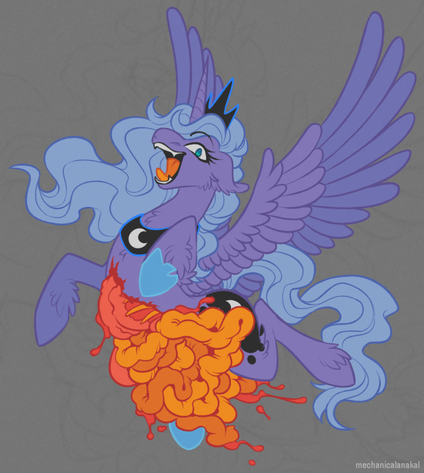 black_tiara blood blue_body blue_eyes blue_fur blue_hair blue_mane blue_tail bodily_fluids crescent_moon crown cutie_mark disembowelment equid equine fangs feathered_wings feathers female feral friendship_is_magic fur gore grey_background guts hair hasbro hi_res hooves horn intestines long_hair looking_at_viewer mammal mane mechanicalanakal moon my_little_pony open_mouth organs princess_luna_(mlp) simple_background solo tiara tongue tongue_out visible_ribcage winged_unicorn wings wounded