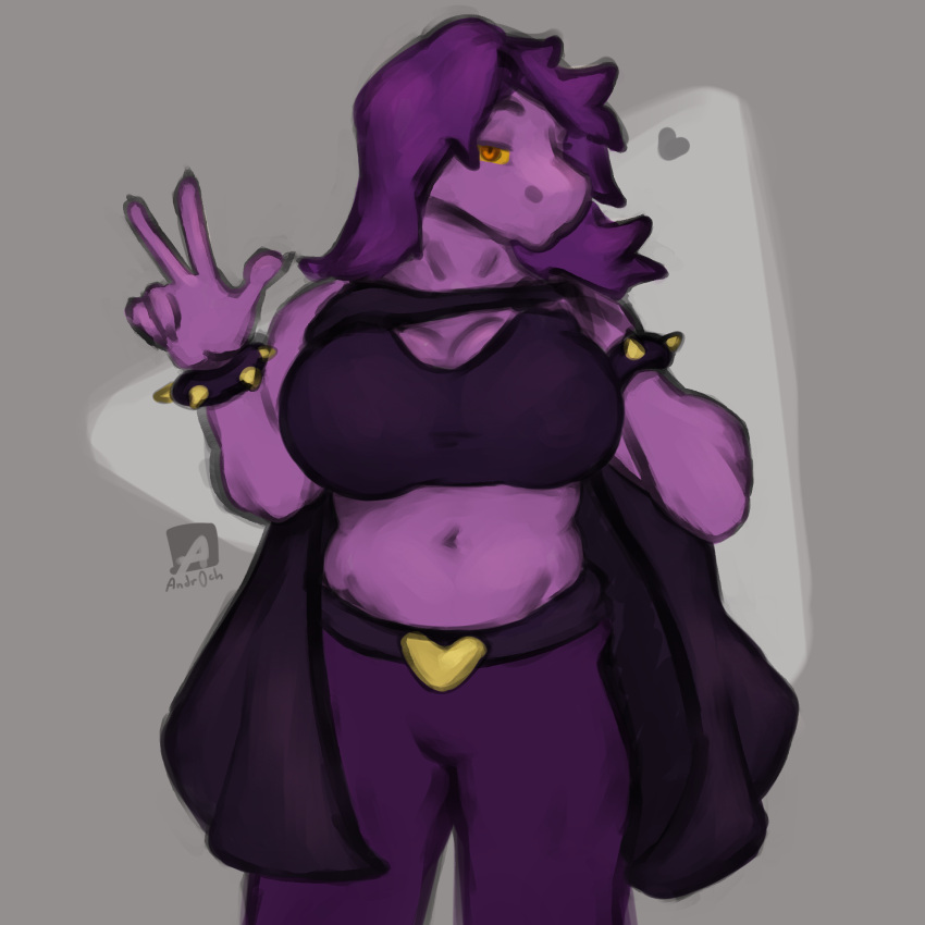 andr0ch breasts cape clothed clothing clothing_lift deltarune eyebrows gesture hair hi_res looking_at_viewer peace_symbol presenting presenting_breasts purple_body purple_clothing purple_hair purple_skin raised_eyebrow shaded simple_background simple_shading susie_(deltarune) undertale_(series) v_sign video_games yellow_eyes