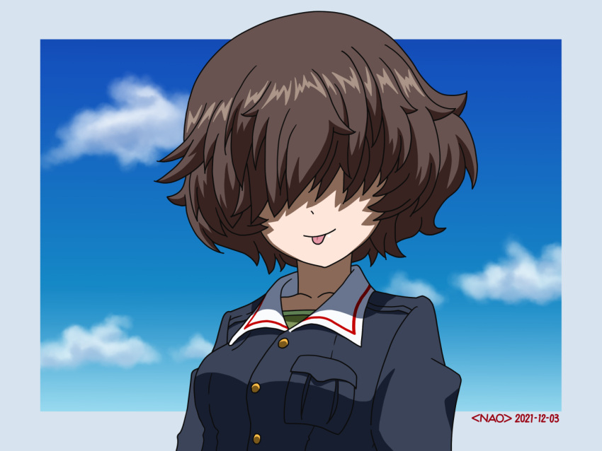 1girl :p akiyama_yukari artist_name bangs blue_jacket blue_sky brown_hair closed_mouth cloud cloudy_sky commentary dated girls_und_panzer green_shirt hair_over_eyes jacket long_bangs looking_at_viewer messy_hair military military_uniform naotosi ooarai_military_uniform outside_border portrait shirt short_hair sky smile solo tongue tongue_out uniform