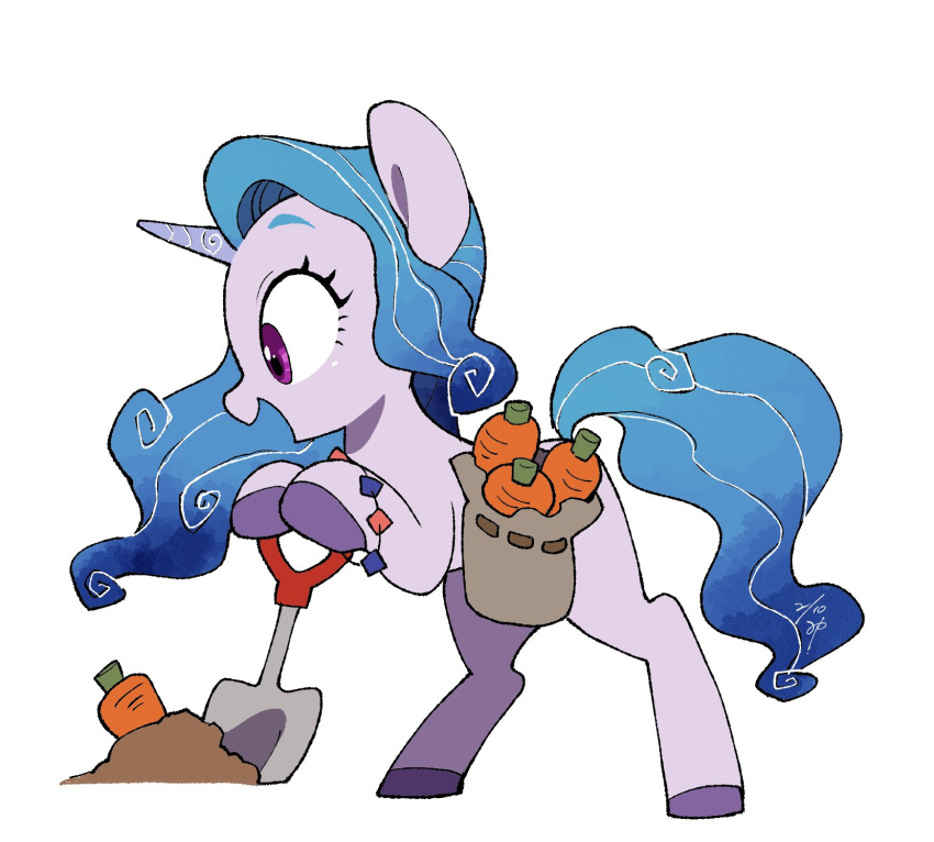 bag biped blue_hair blue_tail bracelet carrot digging digital_media_(artwork) dirt equid equine eyelashes female feral food hair hasbro hi_res holding_object hooves horn izzy_moonbow_(mlp) jewelry leaning mammal mlp_g5 my_little_pony open_mouth open_smile plant potetecyu_to purple_body purple_eyes purple_hooves saddle_bag shovel simple_background smile solo tools unicorn vegetable white_background