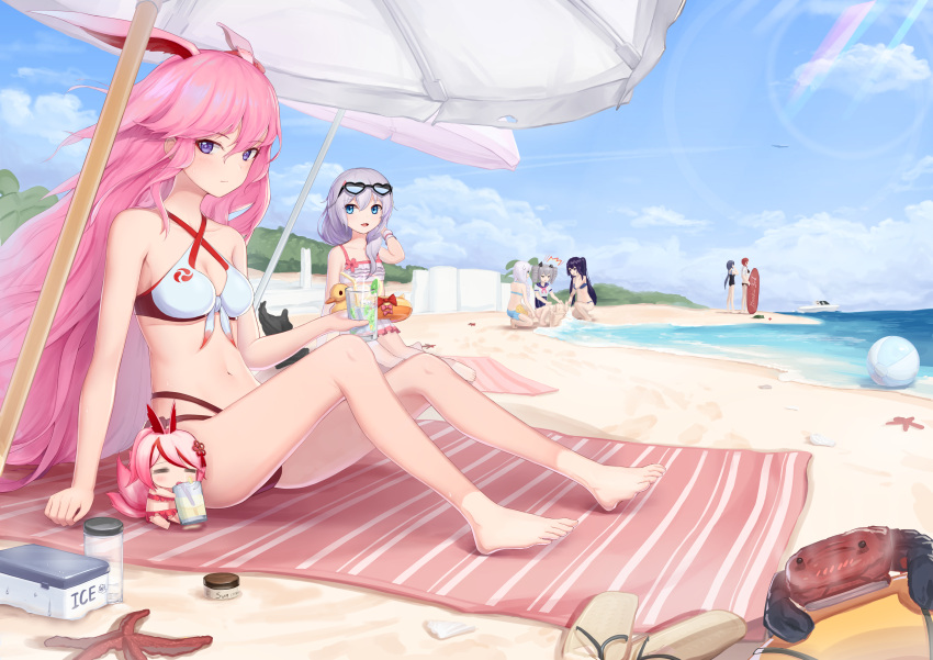 6+girls :d absurdres animal_ears bad_id bad_pixiv_id ball barefoot beach beach_mat beach_umbrella beachball bikini black_hair blue_bikini blue_eyes blue_sky braid breasts bronya_zaychik cleavage closed_eyes closed_mouth crab drill_hair drink drinking_straw drinking_straw_in_mouth eyewear_on_head flip-flops fox_ears fox_girl fox_tail fu_hua full_body grey_eyes grey_hair highres higokumaru holding holding_surfboard honkai_(series) honkai_impact_3rd innertube jet_ski kallen_kaslana kiana_kaslana legs long_hair multiple_girls murata_himeko navel nieun3568 one-piece_swimsuit open_mouth outdoors pink_hair ponytail purple_bikini purple_eyes raiden_mei red_hair sailor_collar sand sand_castle sand_sculpture sandals seiza side_ponytail sitting sky smile standing starfish sunglasses surfboard swimsuit tail theresa_apocalypse toes twin_braids twin_drills umbrella water waves white_bikini white_hair yae_sakura