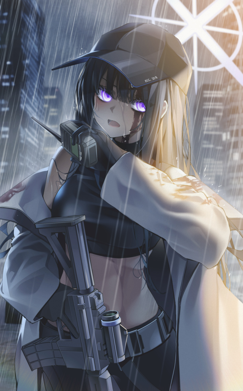 1girl alternate_eye_color armband assault_rifle bangs bare_shoulders baseball_cap belt black_belt black_gloves black_hair black_headwear black_pants black_shirt blood blood_on_clothes blood_on_face blue_archive breasts building chest_harness cloud cloudy_sky coat commentary cowboy_shot crop_top foregrip gloves gun halo harness hat highres holding holding_gun holding_walkie-talkie holding_weapon long_hair long_sleeves looking_at_viewer midriff no_mask off_shoulder open_mouth outdoors pants purple_eyes rain rifle saori_(blue_archive) scope shirt sig_516 sig_sauer sky skyscraper sleeveless sleeveless_shirt snap-fit_buckle solo standing walkie-talkie weapon wet wet_clothes wet_shirt white_coat yuyua_(yua_0068)