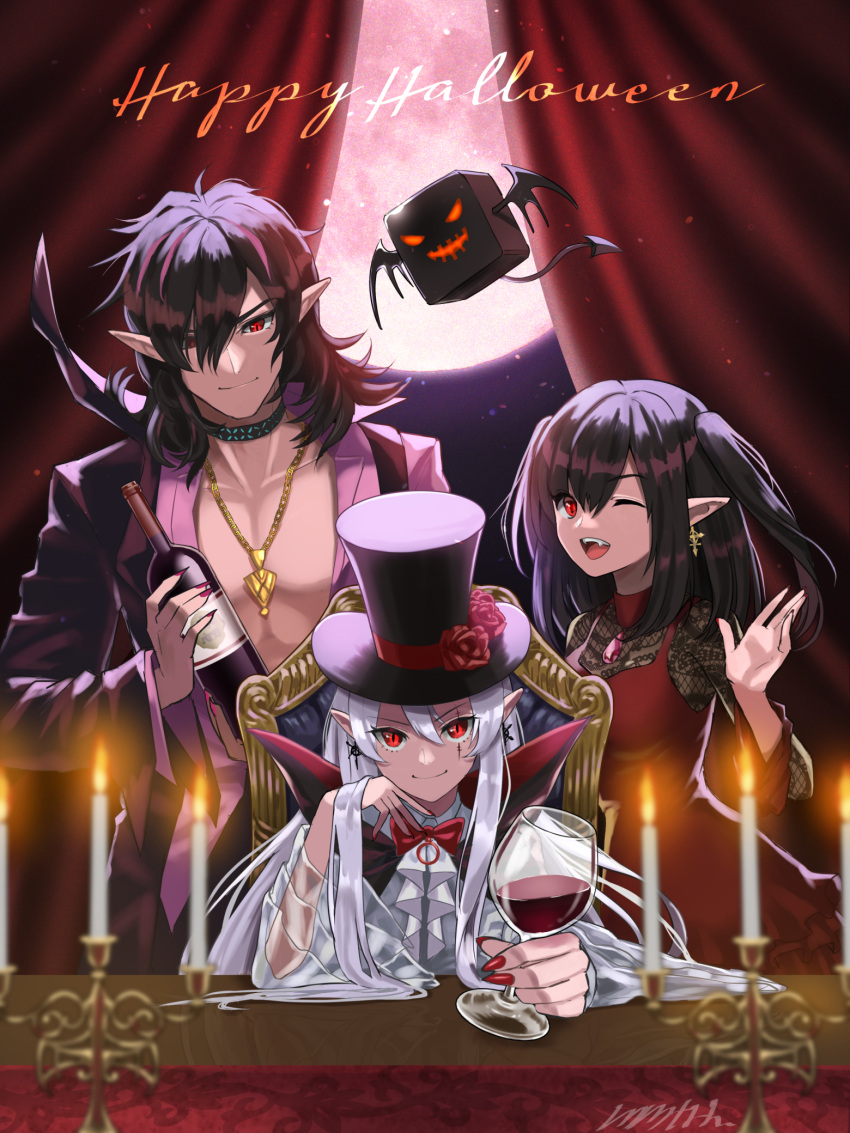 1boy 2girls alcohol alternate_costume arknights black_hair bottle candle candlestand closure_(arknights) cup drinking_glass hair_over_one_eye halloween halloween_costume happy_halloween highres long_hair memetaroh midnight_(arknights) multiple_girls open_clothes open_shirt pointy_ears red_eyes red_wine trait_connection vampire warfarin_(arknights) white_hair wine wine_bottle wine_glass