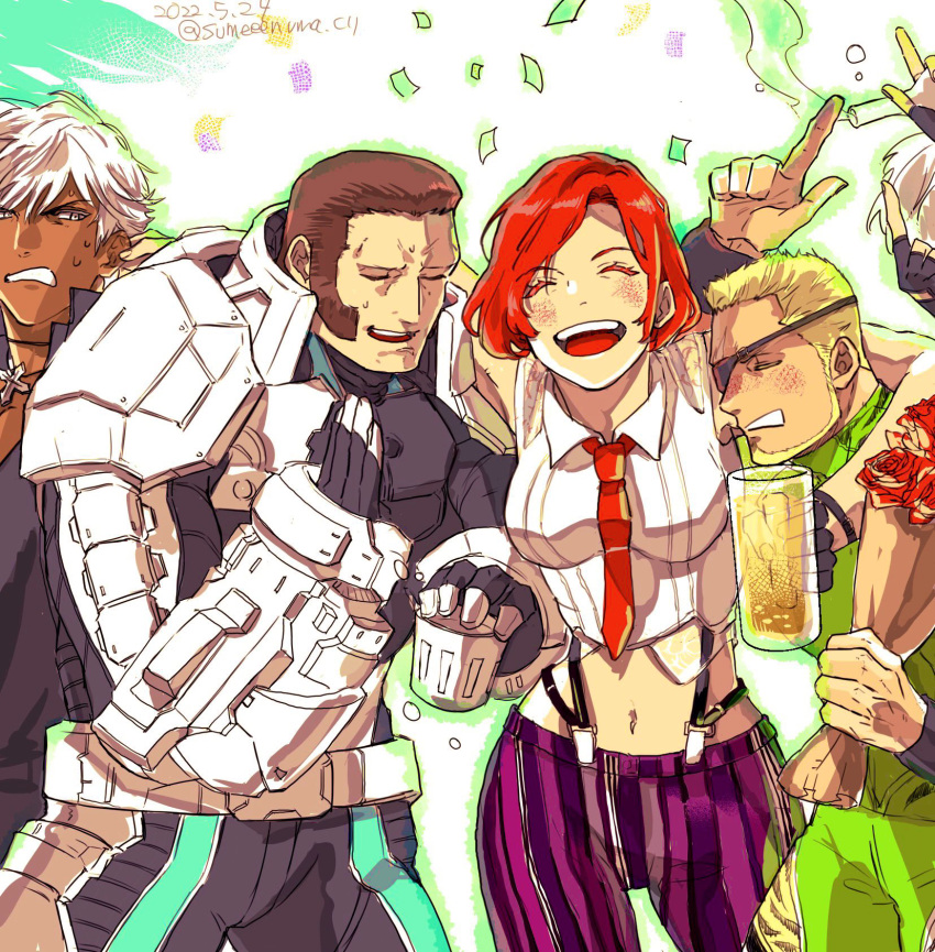 alcohol angel_(kof) beard beer beer_mug blonde_hair cup cyborg dark-skinned_male dark_skin drinking drunk eyepatch facial_hair fingerless_gloves gloves highres index_fingers_raised k'_(kof) kuriharax maxima mug ramon_(kof) shirt sideburns suspenders the_king_of_fighters the_king_of_fighters_xiv vanessa_(kof) white_hair