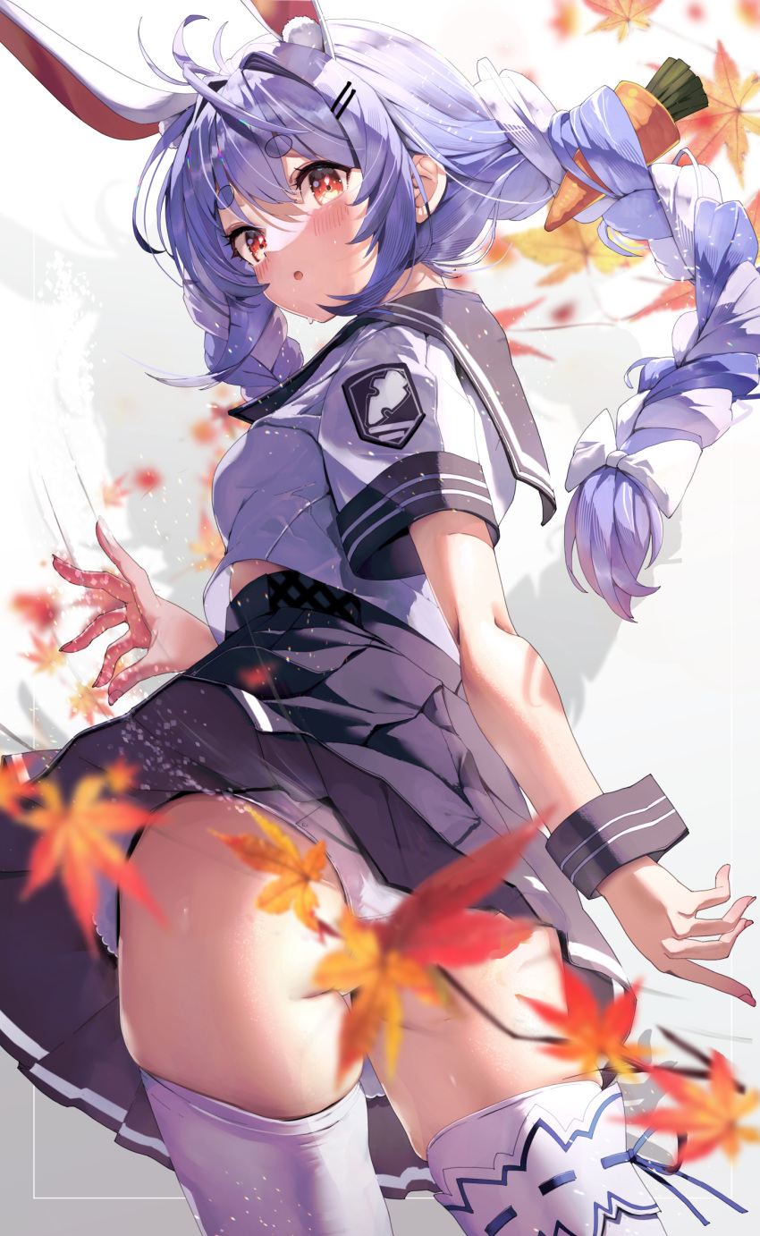 1girl animal_ears antenna_hair ass autumn_leaves bangs black_sailor_collar black_skirt blue_hair blush bow braid clothes_lift extra from_behind hair_between_eyes hair_bow hair_ornament hairclip haruhina_purple highres hololive long_hair looking_back multicolored_hair panties pantyshot parted_lips pleated_skirt rabbit_ears red_eyes sailor_collar school_uniform serafuku shirt short_eyebrows short_sleeves skirt skirt_lift solo thick_eyebrows thighhighs twin_braids twintails two-tone_hair underwear usada_pekora virtual_youtuber white_bow white_hair white_panties white_shirt white_thighhighs wrist_cuffs