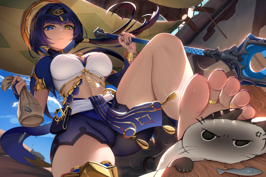 1girl bag bangs black_eyes blue_eyes blue_hair bracelet breasts candace_(genshin_impact) cat closed_mouth damao_yu egyptian_clothes feet from_below genshin_impact hair_ornament heterochromia highres holding holding_bag jewelry large_breasts long_hair nail_polish polearm ring spear stepping thighs toe_ring toes weapon yellow_eyes