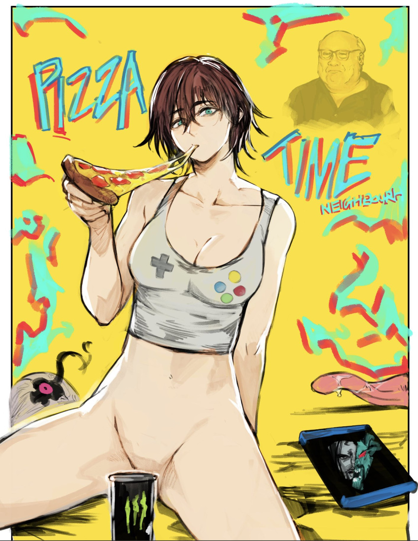 1boy 1girl blu-ray blu-ray_cover breasts cleavage controller convenient_censoring cover crossover danny_devito dvd_case english_text food frank_reynolds game_controller highres it's_always_sunny_in_philadelphia jared_leto large_breasts marvel monster_energy morbius morbius_(film) original pizza pizza_slice tongue yourfreakyneighbourh