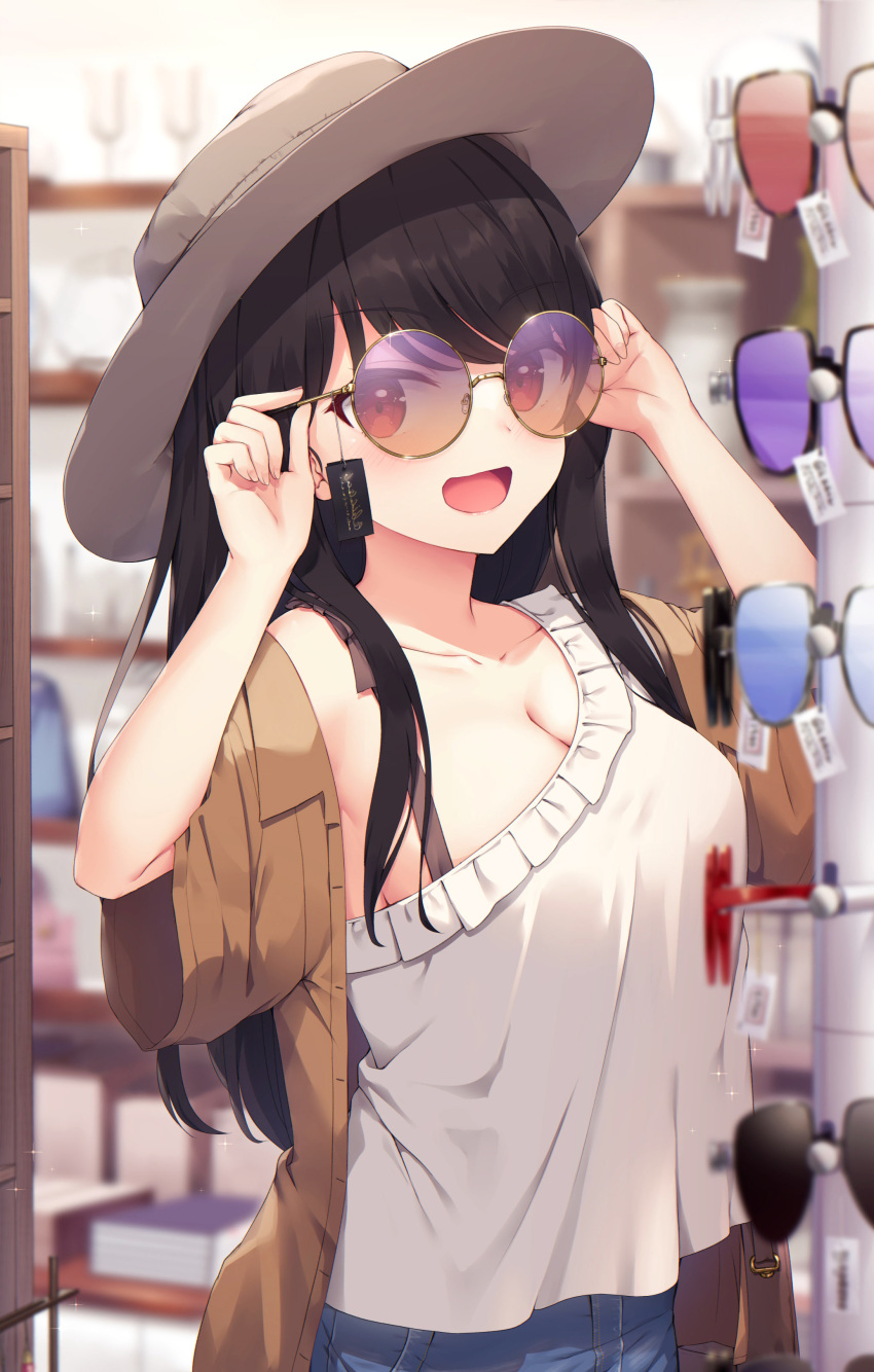 1girl :d absurdres bangs black_hair blush breasts brown_jacket cleavage commentary frilled_shirt frills gradient hands_on_eyewear highres indoors jacket large_breasts long_hair looking_at_viewer off_shoulder open_clothes open_jacket open_mouth orange-tinted_eyewear original purple-tinted_eyewear red_eyes round_eyewear shirt shopping short_sleeves single-shoulder_shirt smile solo swept_bangs tinted_eyewear tsuchikure upper_body white_shirt yellow-framed_eyewear