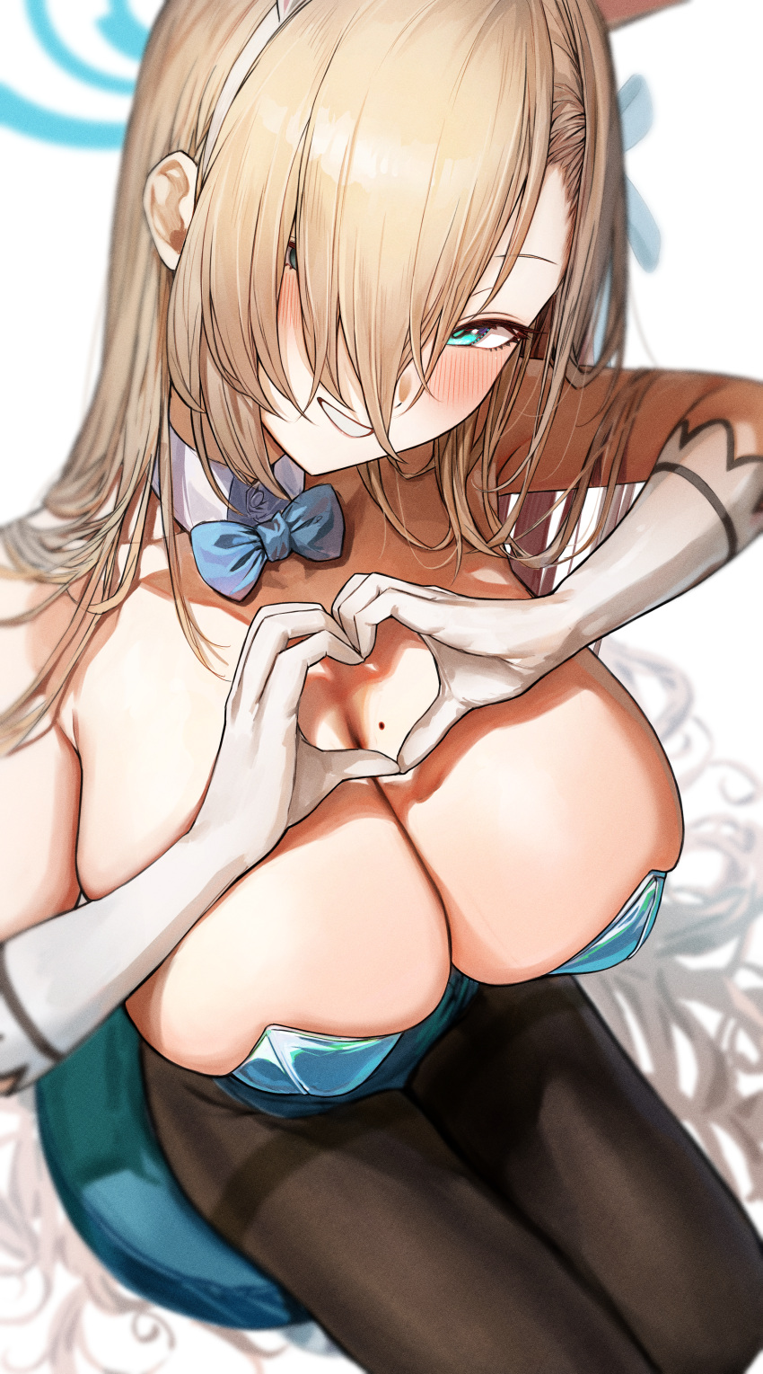 1girl absurdly_long_hair absurdres animal_ears asuna_(blue_archive) asuna_(bunny)_(blue_archive) bangs blue_archive blue_bow blue_bowtie blue_eyes bow bowtie breasts cleavage detached_collar fake_animal_ears gloves grin hair_over_one_eye halo heart heart_hands highres huge_breasts leotard light_brown_hair long_hair looking_at_viewer marse_(rokudaime) mole mole_on_breast official_alternate_costume pantyhose playboy_bunny rabbit_ears smile solo swept_bangs thighband_pantyhose very_long_hair white_gloves