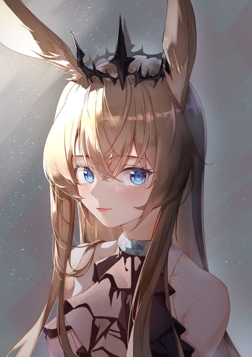 1girl absurdres alternate_hairstyle amiya_(arknights) animal_ear_fluff animal_ears arknights ascot bare_shoulders black_ascot blue_eyes brown_hair closed_mouth crown hair_down highres light_particles lips lipstick long_hair looking_at_viewer makeup qaq_baiguang rabbit_ears smile solo upper_body