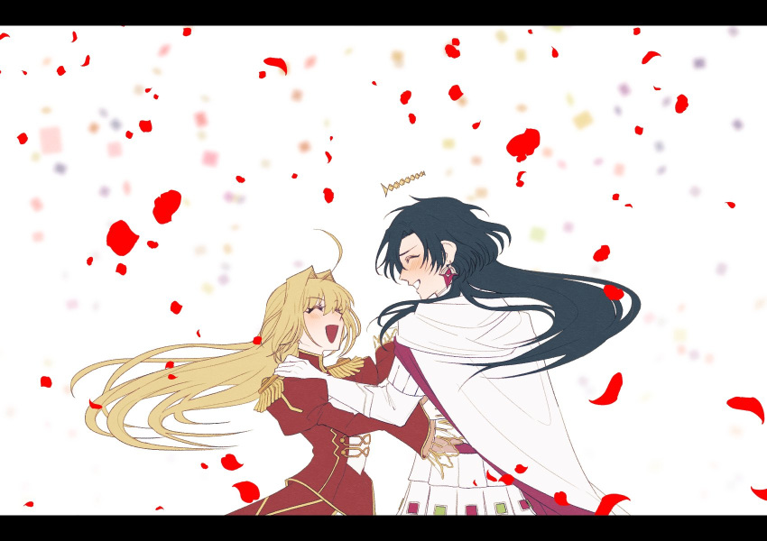 1boy 1girl :d ^_^ ahoge armor black_hair blonde_hair blush cloak closed_eyes constantine_xi_(fate) dancing dress epaulettes facing_another falling_petals fate/grand_order fate_(series) gloves grin hair_between_eyes hair_down hair_intakes halo hand_on_another's_shoulder highres juliet_sleeves long_hair long_sleeves lv1na_ura nero_claudius_(fate) nero_claudius_(fate/extra) petals puffy_sleeves red_dress smile upper_body white_armor white_background white_cloak white_gloves