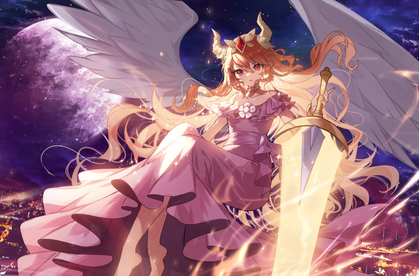 1girl :o apple_caramel barefoot brown_hair city_lights collar collarbone commission dress feathered_wings flying frilled_dress frills full_moon glowing glowing_sword glowing_weapon hair_ornament highres holding holding_sword holding_weapon horns long_hair looking_at_viewer maplestory moon night night_sky off-shoulder_dress off_shoulder open_mouth outdoors purple_dress red_eyes ruby_rose sky solo star_(sky) starry_sky sword v-shaped_eyebrows very_long_hair weapon white_wings wings