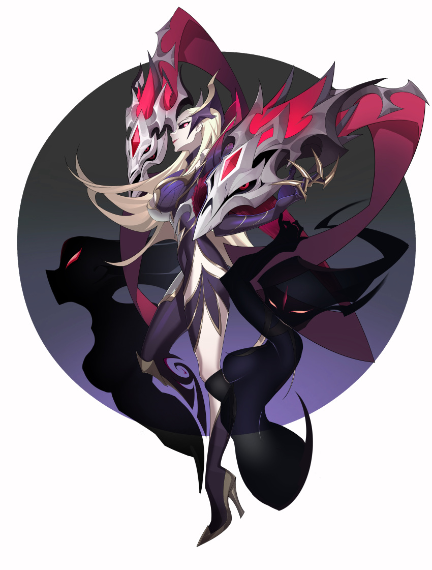 1girl absurdres bangs black_sclera blonde_hair bodysuit boots breasts colored_sclera coven_evelynn evelynn_(league_of_legends) from_side full_body gem ghost gradient gradient_background high_heels highres large_breasts league_of_legends long_hair multicolored_bodysuit multicolored_clothes official_alternate_costume pink_eyes red_eyes shadow shiny shiny_clothes smile tlotro white_background