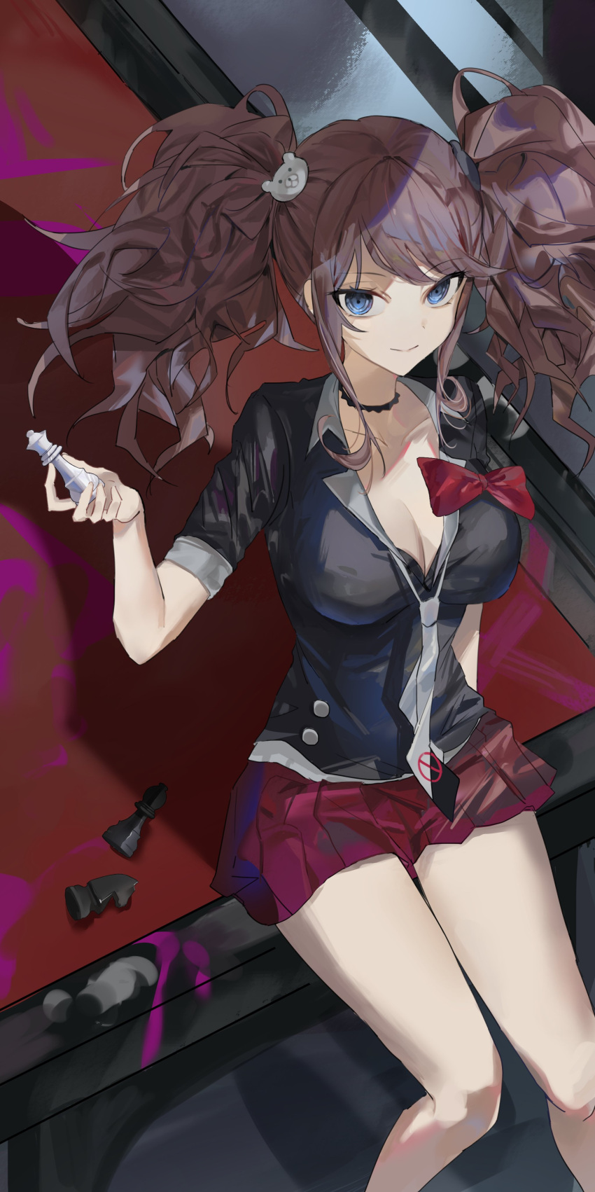 1girl absurdres bangs black_choker black_necktie black_shirt blood bow breasts brown_hair choker cleavage closed_mouth collarbone danganronpa:_trigger_happy_havoc danganronpa_(series) enoshima_junko feet_out_of_frame grey_eyes grey_necktie highres holding_chess_piece large_breasts miniskirt necktie pink_blood pleated_skirt r_aeel red_bow red_skirt shirt short_sleeves sitting skirt smile solo table twintails
