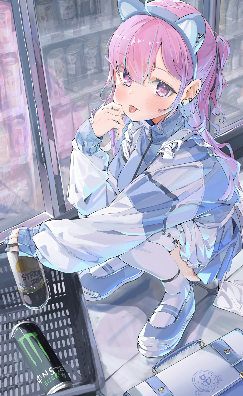 1girl :p absurdres animal_ears blue_hair can cat_ears colored_inner_hair energy_drink fake_animal_ears hairband highres holding holding_can hololive long_hair looking_at_viewer minato_aqua monster_energy multicolored_hair nanaco_41n product_placement purple_eyes purple_hair slav_squatting solo squatting streaked_hair tongue tongue_out two-tone_hair virtual_youtuber