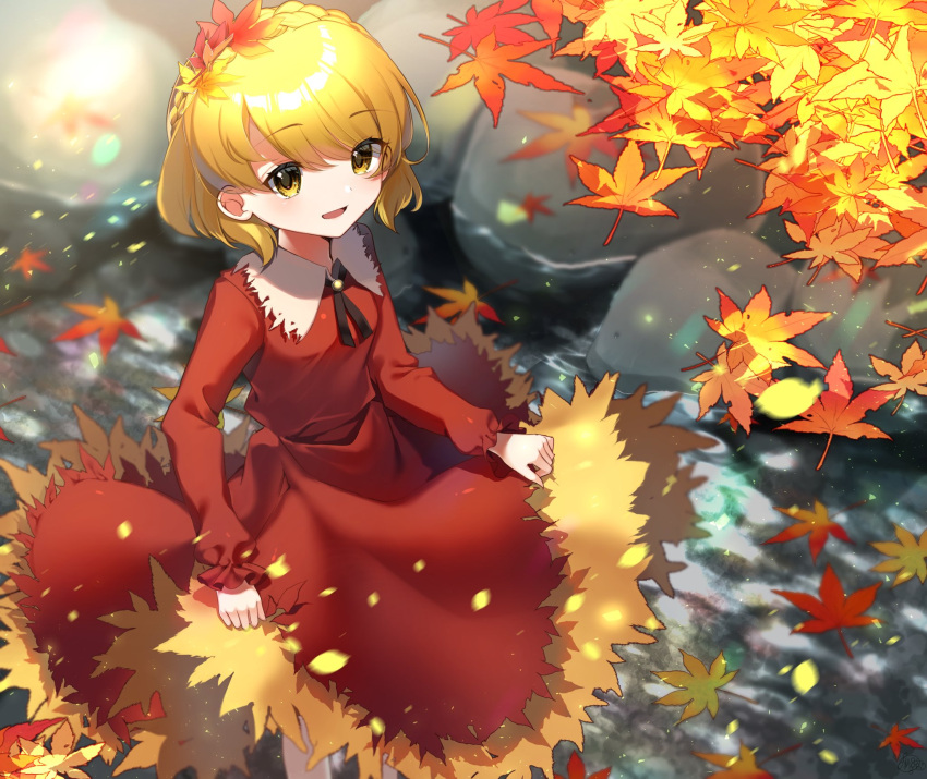 1girl aki_shizuha autumn autumn_leaves blonde_hair blush budou_zerii_98yen collared_shirt hair_ornament highres leaf leaf_hair_ornament long_sleeves maple_leaf open_mouth red_shirt red_skirt shirt short_hair skirt smile solo touhou yellow_eyes