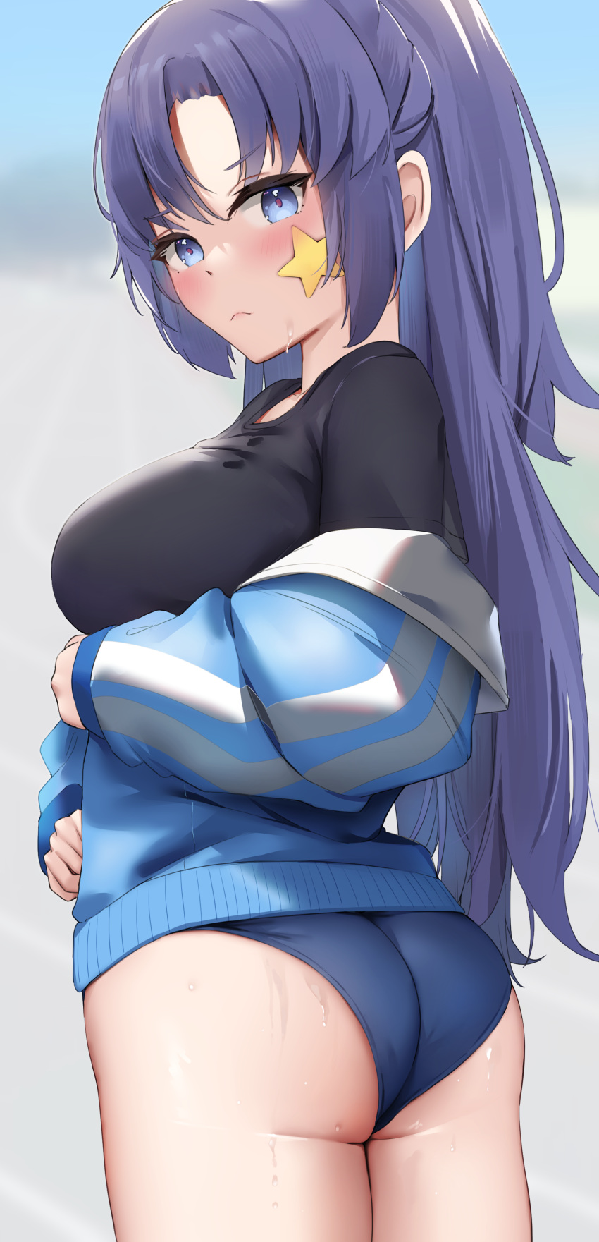 1girl absurdres ass black_shirt blue_archive blue_buruma blue_eyes blue_jacket blush breasts buruma closed_mouth facial_mark frown highres jacket large_breasts long_hair looking_at_viewer off_shoulder official_alternate_costume ponytail purple_hair shirt skai_kun solo star_(symbol) star_facial_mark sweat track_jacket yuuka_(blue_archive) yuuka_(gym_uniform)_(blue_archive)