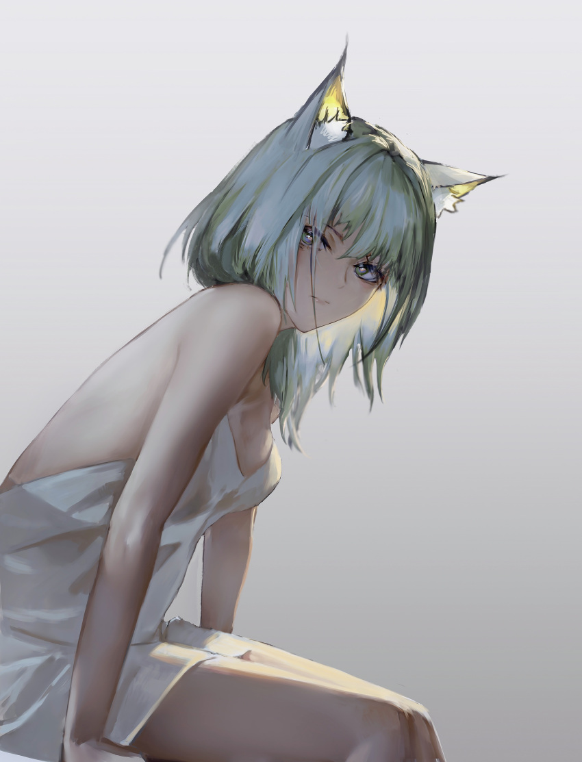 1girl absurdres alternate_costume animal_ear_fluff animal_ears arknights backless_dress backless_outfit bare_shoulders breasts cat_ears cleavage closed_mouth dress from_side gradient gradient_background grey_background grey_eyes grey_hair highres kal'tsit_(arknights) leaning_forward lingear long_hair looking_at_viewer looking_to_the_side see-through sitting small_breasts solo white_dress