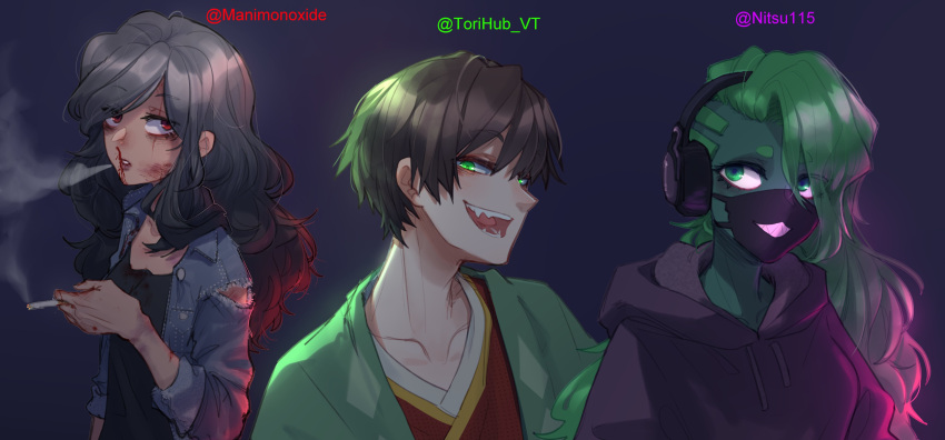 1boy 2girls :d absurdres bangs black_hair black_shirt blood breasts brown_hair bruise bruise_on_face cigarette collarbone colored_skin commentary commission denim denim_jacket fangs glowing glowing_eyes green_eyes green_hair green_jacket green_skin headphones highres holding holding_cigarette hood hood_down hoodie indie_virtual_youtuber injury jacket long_hair looking_at_viewer mask medium_breasts mouth_mask multiple_girls nosebleed open_mouth original polka_dot polka_dot_shirt popopoka purple_hoodie red_eyes red_shirt shiny shiny_hair shirt short_eyebrows short_hair sidecut simple_background smile teeth teeth_print tori_(vtuber) torn_jacket upper_body virtual_youtuber