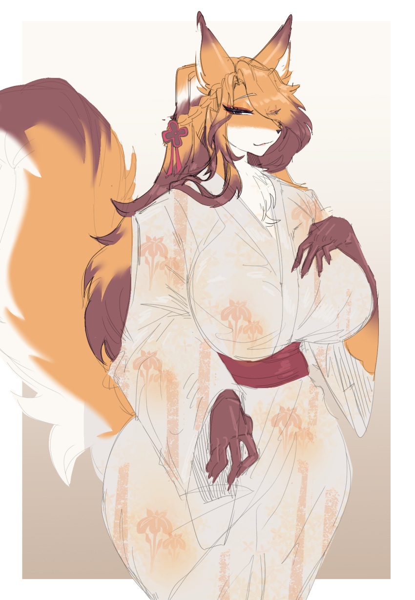 2022 anthro big_breasts blush breasts brown_body brown_fur canid canine carsen claws clothed clothing curvy_figure female finger_claws fluffy fluffy_tail fox fur gloves_(marking) hair hi_res mammal markings multicolored_body multicolored_fur partially_clothed simple_background smile solo thick_thighs two_tone_body two_tone_fur voluptuous wide_hips