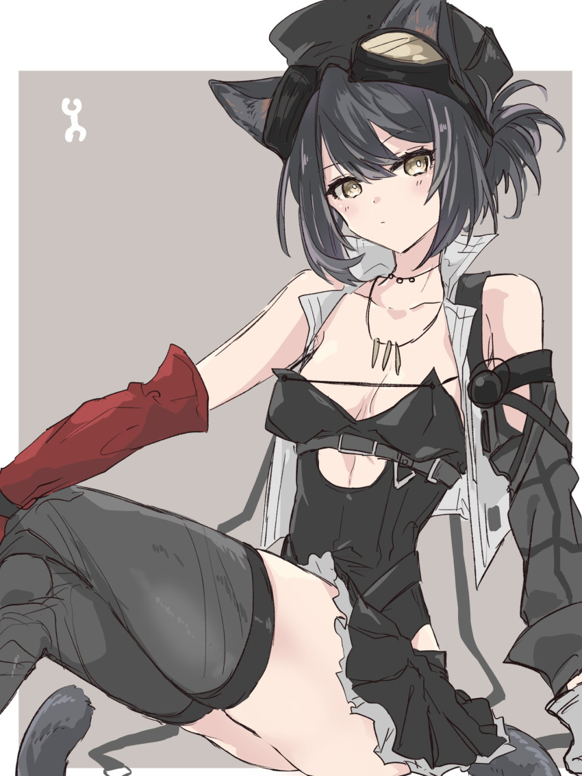 1girl an_fyhx animal_ears arknights bangs bare_shoulders black_hair black_headwear black_leotard black_skirt black_thighhighs blush breasts bright_pupils cat_ears cat_girl cat_tail cleavage closed_mouth collarbone crossed_legs detached_sleeves goggles goggles_on_head grey_background highres jewelry leotard leotard_under_clothes long_sleeves looking_at_viewer miniskirt necklace rockrock_(arknights) short_hair simple_background sitting skirt small_breasts solo strapless strapless_leotard tail thighhighs yellow_eyes