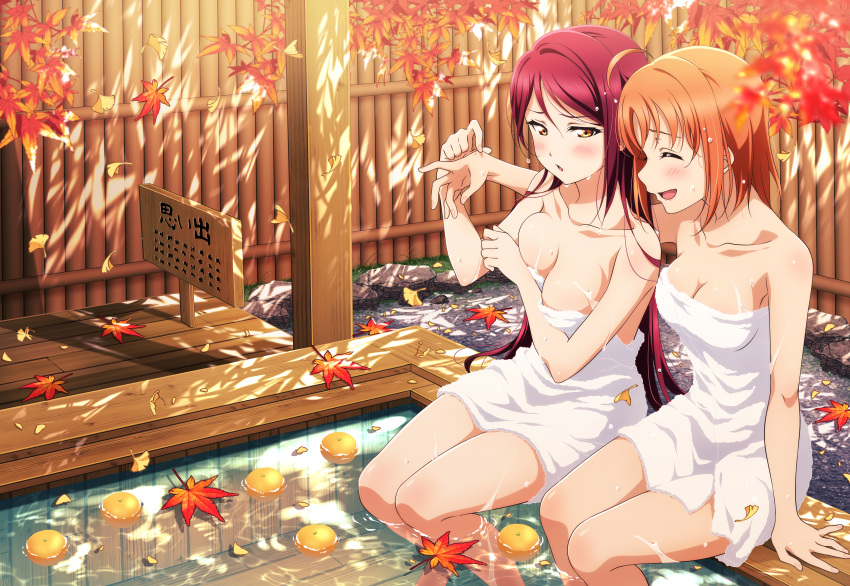 2girls absurdres ahoge arm_around_shoulder bare_shoulders blush breasts closed_eyes collarbone commentary_request day fence food fruit highres kougi_hiroshi leaf looking_at_another love_live! love_live!_sunshine!! mandarin_orange maple_leaf medium_breasts multiple_girls naked_towel onsen open_mouth orange_eyes orange_hair outdoors parted_lips petals petals_on_liquid red_hair sakurauchi_riko side-by-side sign sitting soaking_feet takami_chika thighs towel water wet wet_hair