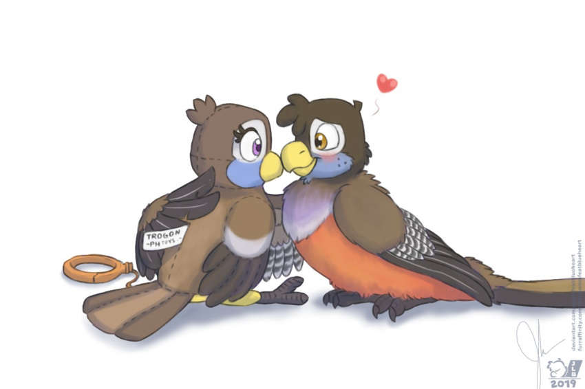 &lt;3 2019 avian back_tuft beak bird bird_feet blue_body blue_feathers brown_body brown_eyes brown_feathers cheek_tuft chest_tuft chin_tuft eyelashes facial_tuft feathers feral flat_colors head_tuft holding_object holding_plushie jay_(sammfeatblueheart) male orange_body orange_feathers plushie pull_cord purple_body purple_eyes purple_feathers ria_(sammfeatblueheart) sammfeatblueheart signature simple_background solo stitch_(sewing) striped_feathers tag tail_feathers tail_tuft toy trogon trogonid tuft white_background white_body white_feathers wings yellow_beak