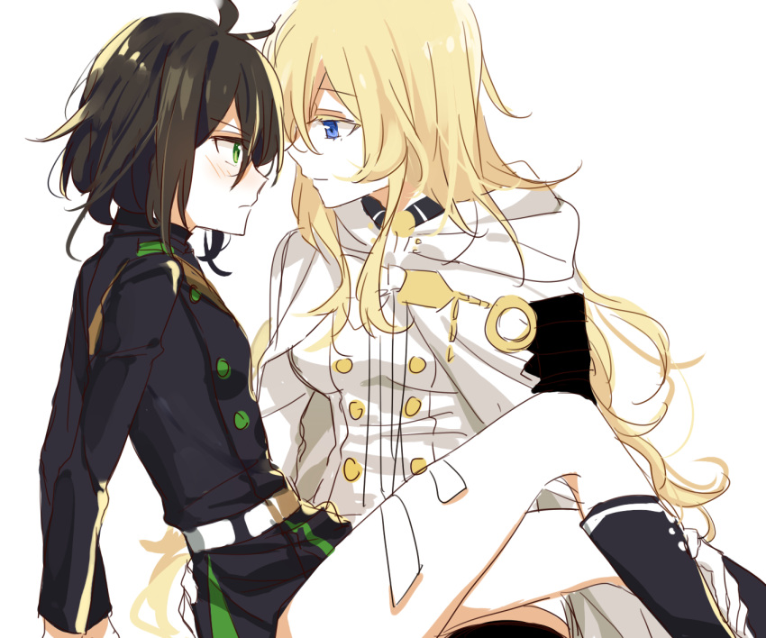 2girls black_hair blonde_hair blue_eyes blush buttons closed_mouth genderswap genderswap_(mtf) green_eyes hyakuya_mikaela hyakuya_yuuichirou long_hair looking_at_another military military_uniform multiple_girls owari_no_seraph short_hair uniform yuri zgxuke