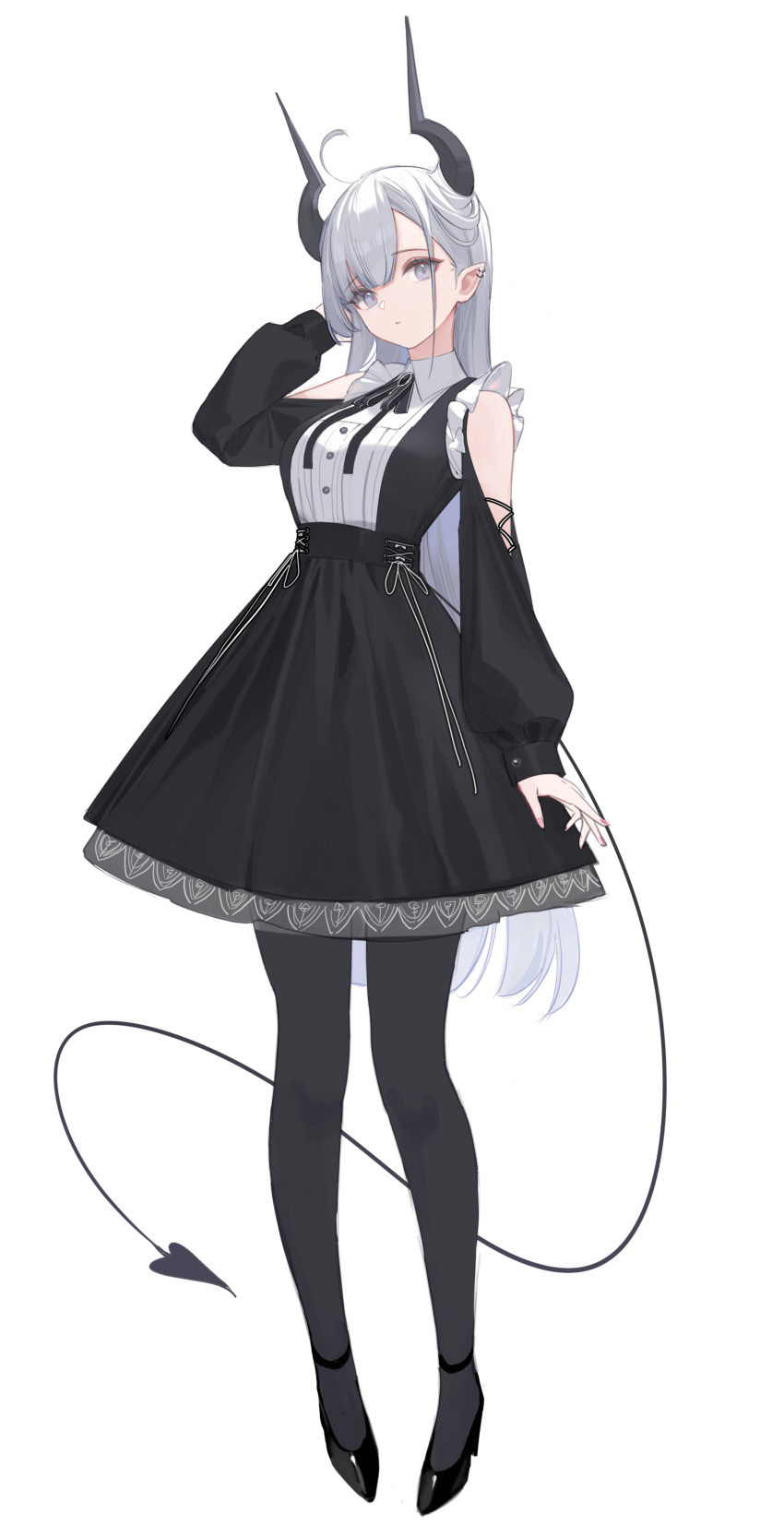 1girl absurdres ahoge bad_id bad_twitter_id bare_shoulders black_dress black_footwear black_pantyhose clothing_cutout demon_horns demon_tail dress full_body grey_eyes hand_up high_heels highres horns long_hair long_sleeves looking_at_viewer neck_ribbon nekojira original pantyhose pointy_ears ribbon shoulder_cutout simple_background solo tail thea_(nekojira) very_long_hair white_background white_hair wing_collar