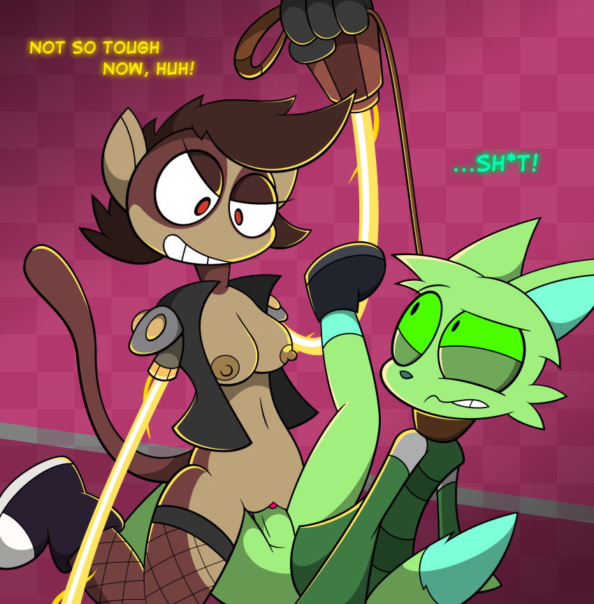 anthro bionic_arm bionics breasts brown_hair canid canine chiv clenched_teeth clothed clothing coat collar crossgender cybernetic_arm cybernetic_limb dominant duo female fishnet fishnet_legwear footwear forced fox fur genitals green_body green_eyes green_fur hair haplorhine hi_res instant_loss_2koma intersex intersex/female leash leash_pull legwear machine male male/female mammal monkey partially_clothed penetration penis primate raised_leg rape rough_sex sex shoes socks surprise teeth text topwear trinitro_stropher trinitroid vaginal vaginal_penetration vest