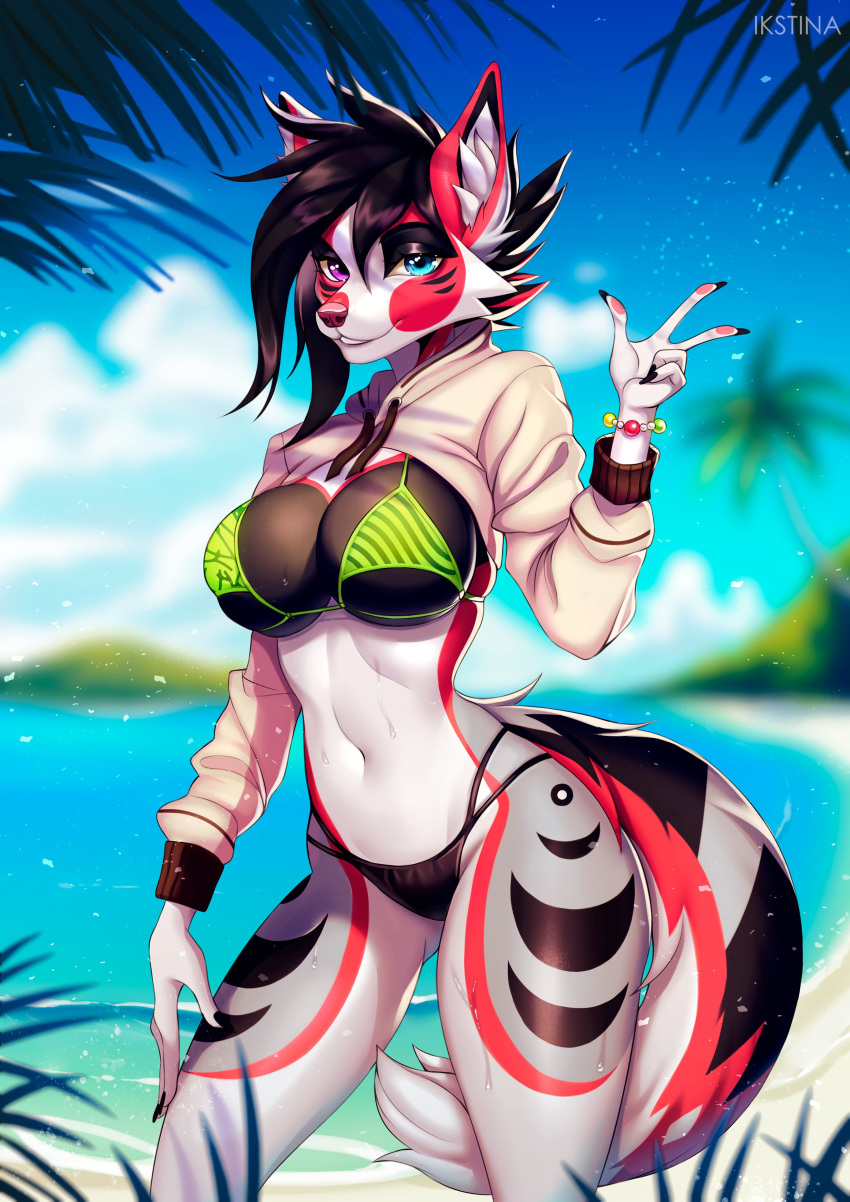 2022 5_fingers absurd_res anthro beach big_breasts bikini black_hair black_nose blue_eyes blurred_background bracelet breasts canid canine canis cheek_tuft cleavage clothed clothing cloud eyebrows eyelashes facial_tuft female fingers hair hi_res hoodie ikstina inner_ear_fluff jewelry looking_at_viewer mammal midriff navel outside palm_tree plant seaside short_hair sky smile solo standing swimwear topwear tree tuft water wet wolf