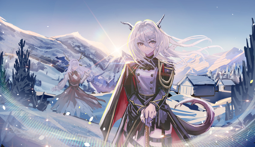 2girls absurdres alina_(arknights) animal_ears arknights ascot bangs black_ascot black_capelet black_dress black_neckerchief black_shirt blue_sky building buttons capelet deer_antlers deer_ears deer_girl dragon_girl dragon_horns dragon_tail dress grey_hair hair_between_eyes hair_intakes highres horns lens_flare locked_boy long_bangs long_hair long_sleeves looking_at_viewer morning mountain mountainous_horizon multiple_girls neckerchief official_alternate_costume outdoors pinafore_dress red_eyes scenery shirt sky snow sun sunrise tail talulah_(arknights) talulah_the_fighter_(arknights) thigh_pouch two-tone_shirt v-shaped_eyebrows white_shirt winter