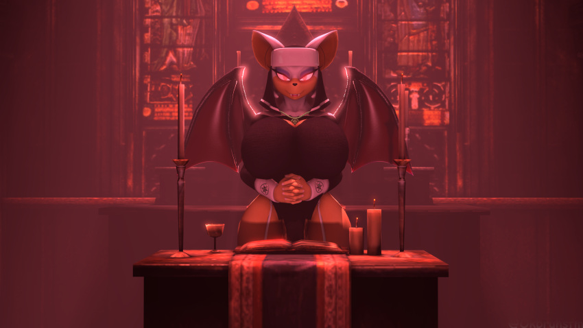 3d_(artwork) anthro big_breasts book breasts bulge church clothing digital_media_(artwork) gynomorph hi_res intersex legwear nun_outfit ok_bruh praying red_eyes rouge_the_bat sega solo sonic_the_hedgehog_(series) source_filmmaker thigh_highs warfare_machine wings