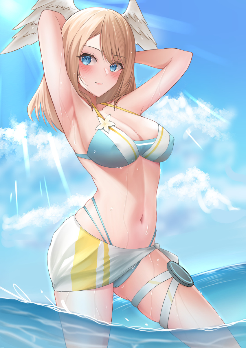 1girl absurdres armpits arms_behind_head asymmetrical_bangs bangs bikini blue_bikini blue_eyes breasts brown_hair cleavage closed_mouth cloud eunie_(xenoblade) feathered_wings head_wings highres large_breasts long_hair looking_at_viewer navel ocean official_alternate_costume partially_submerged partially_underwater_shot shizukugu03 smile solo sunlight swimsuit thigh_strap two-tone_bikini white_bikini white_wings wings xenoblade_chronicles_(series) xenoblade_chronicles_3