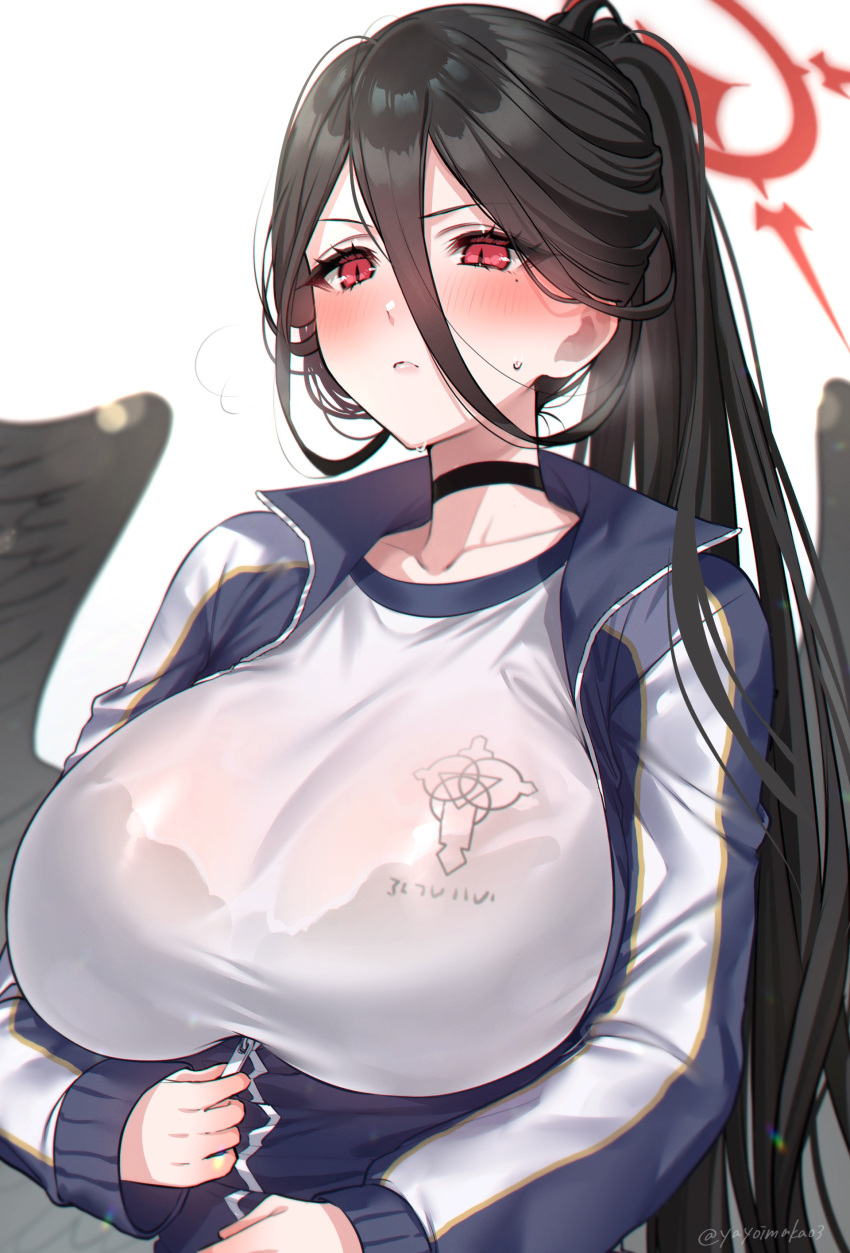 1girl absurdres bangs black_hair black_wings blue_archive blue_jacket blush breasts feathered_wings gym_shirt halo hasumi_(blue_archive) hasumi_(gym_uniform)_(blue_archive) high_ponytail highres huge_breasts jacket long_hair long_sleeves low_wings mole mole_under_eye official_alternate_costume red_eyes shirt solo very_long_hair wings yayoi_maka
