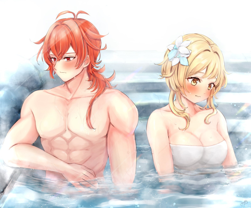 1boy 1girl abs bath bathing blonde_hair blush closed_mouth diluc_(genshin_impact) flower genshin_impact hair_between_breasts hair_between_eyes hair_flower hair_ornament highres long_hair lumine_(genshin_impact) mirin_pengin muscular muscular_male onsen ponytail red_eyes red_hair towel yellow_eyes