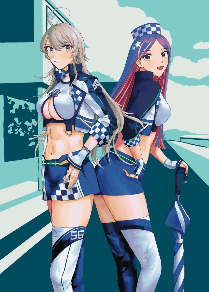 2girls ahoge alternate_costume asymmetrical_legwear back-to-back black_jacket blue_hair blue_skirt breasts checkered_clothes checkered_headwear cropped_jacket feet_out_of_frame fingerless_gloves gloves grey_eyes highres jacket kantai_collection long_hair looking_at_viewer medium_breasts midriff minigirl mismatched_legwear multicolored_hair multiple_girls nidou official_alternate_costume planted planted_umbrella race_queen red_hair skirt south_dakota_(kancolle) star_(symbol) thighhighs umbrella underboob washington_(kancolle) white_gloves white_hair white_jacket