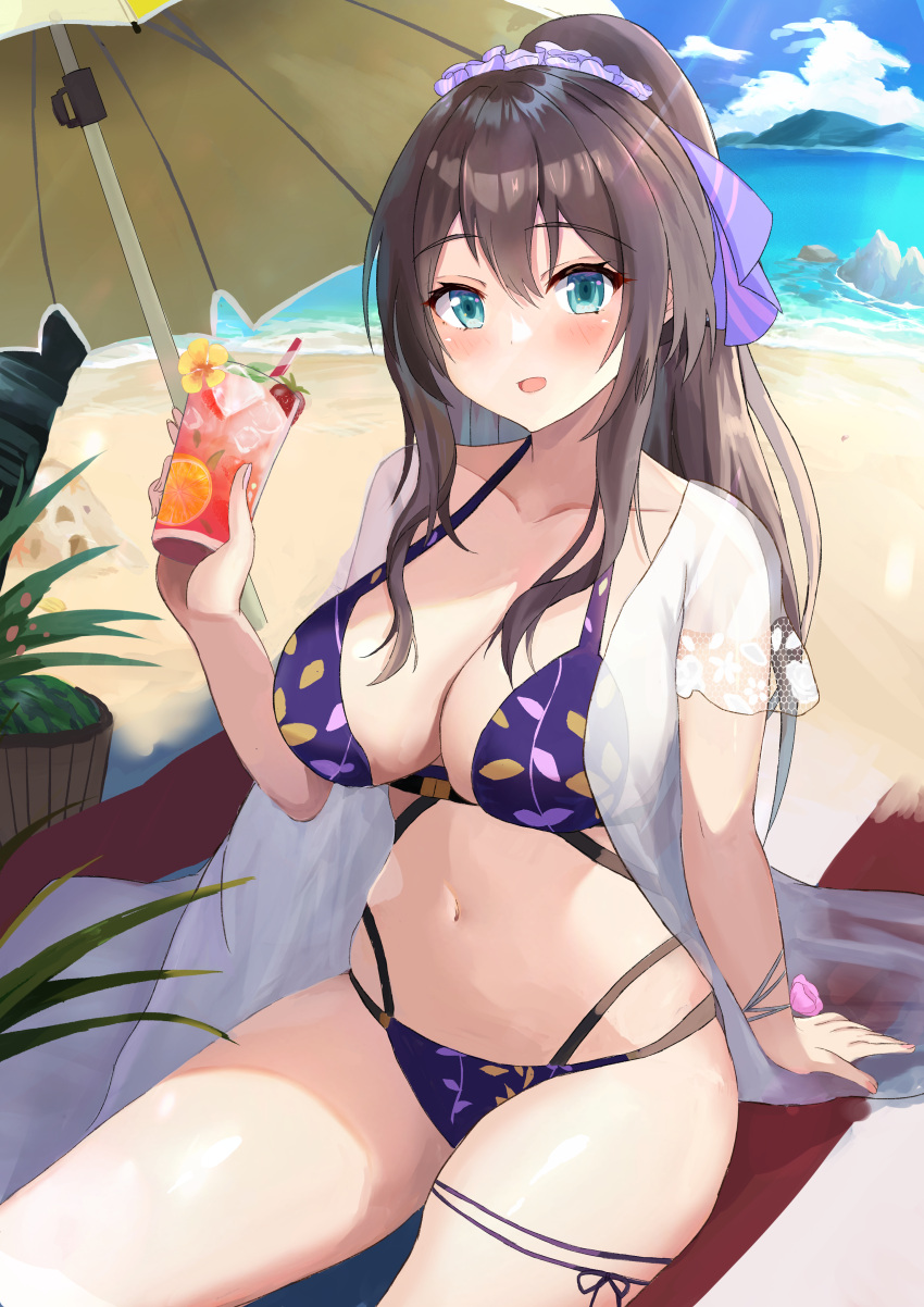 1girl absurdres aqua_eyes arm_at_side assault_lily bangs beach beach_towel bikini blue_sky blush breasts brown_hair cleavage cloud collarbone commentary_request commission cup day drinking_glass drinking_straw fingernails floral_print flower food fruit hair_between_eyes hair_ornament hair_ribbon hair_scrunchie hand_up high_ponytail highres holding holding_cup ice ice_cube large_breasts long_hair looking_at_viewer multi-strapped_bikini multi-strapped_bikini_bottom navel ocean official_alternate_costume on_ground orange_(fruit) orange_slice ousaka_chisato outdoors parasol parted_lips pink_flower ponytail print_bikini purple_bikini purple_ribbon purple_scrunchie ribbon scrunchie see-through serizawa_chikaru short_sleeves sitting skeb_commission sky smile solo stomach strawberry swimsuit swimsuit_cover-up thigh_strap towel tropical_drink umbrella wrist_flower yellow_flower