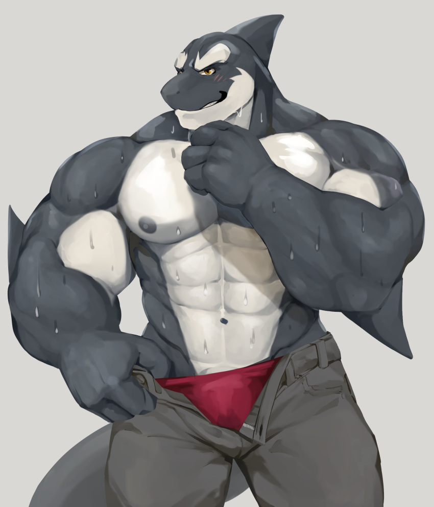 abs anthro barazoku biceps big_muscles black_body blush bodily_fluids cetacean clothed clothing delphinoid deltoids hi_res huge_muscles looking_at_viewer male mammal manly marine multicolored_body muscular muscular_anthro muscular_male navel nipples obliques oceanic_dolphin orca pecs simple_background soji_gr solo sweat toothed_whale two_tone_body undressing white_body