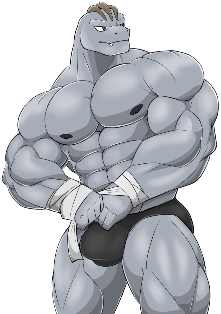 abs anatake anthro barazoku biceps big_muscles clothed clothing deltoids generation_1_pokemon grey_body hi_res huge_muscles looking_aside machoke male muscular muscular_anthro muscular_male nintendo nipples pecs pokemon pokemon_(species) quads red_eyes simple_background solo video_games