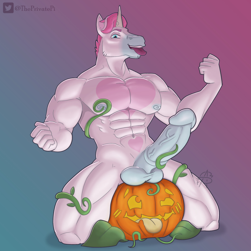 abs absurd_res ahegao anthro balls biceps big_muscles blush digital_media_(artwork) elemental_creature equid equine erection flexing food food_creature fruit genitals hair halloween hi_res holidays horn jack-o'-lantern looking_at_viewer looking_pleasured male mammal muscular muscular_anthro muscular_male nipples nude open_mouth pecs penis pink_hair plant pumpkin pumpkin_head simple_background smile solo tongue tongue_out unibro_pi unibro_pi_(character) unicorn vines