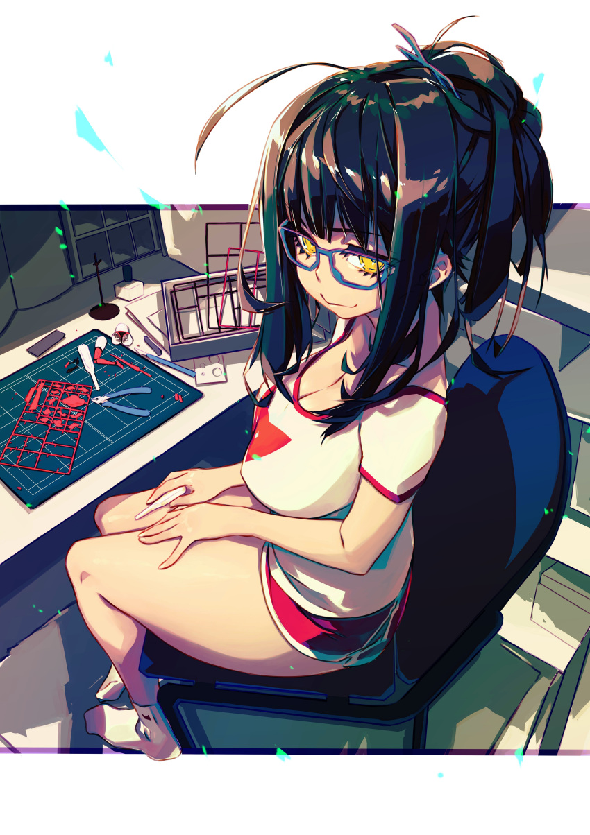 1girl absurdres ahoge bangs black_hair blue-framed_eyewear box breasts chair cleavage cutting_mat from_side full_body glasses hands_on_own_leg highres indoors king_rooper large_breasts looking_at_viewer medium_hair model_kit on_chair original outside_border pliers ponytail red_shorts scalpel scoop_neck shelf shirt short_shorts short_sleeves shorts sidelocks sitting smile socks solo table thighs white_shirt white_socks yellow_eyes