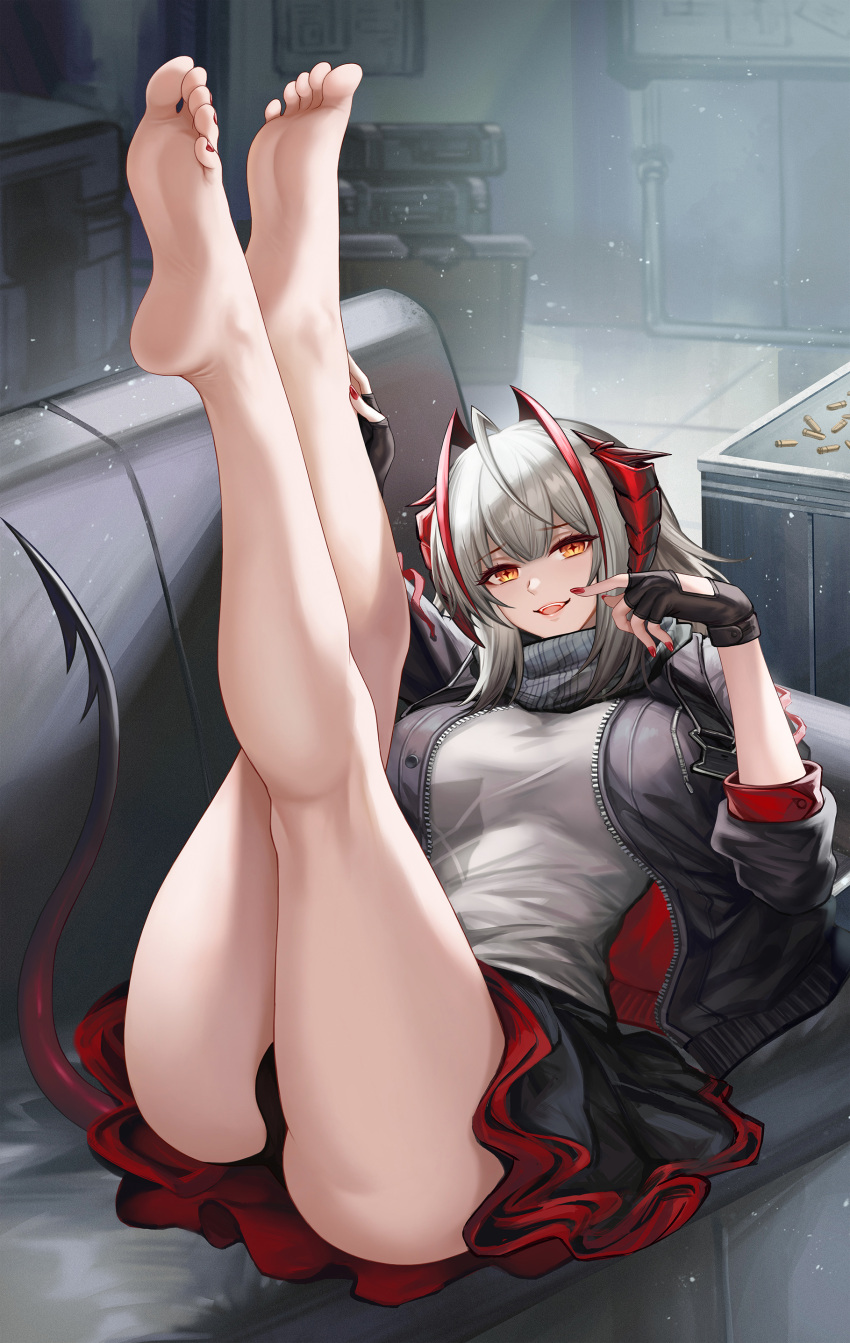 1girl absurdres antennae arknights bare_legs barefoot black_gloves black_jacket black_scarf couch demon_girl demon_horns demon_tail feet feet_up foot_focus full_body gloves grey_scarf grey_shirt highres horns jacket kacyu leg_up legs looking_at_viewer nail_polish no_shoes open_clothes open_jacket red_horns red_nails scarf shirt short_hair skirt smile soles tail toenail_polish toenails toes w_(arknights)