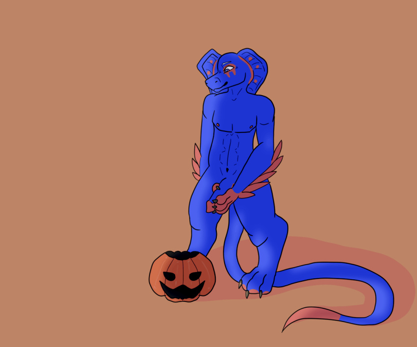 animated anthro bodily_fluids crescentcanine feces food fruit fur genital_fluids genitals halloween holidays male nude peeing plant pumpkin reptile scalie simple_background smile snake solo urine urine_stream watersports wetting