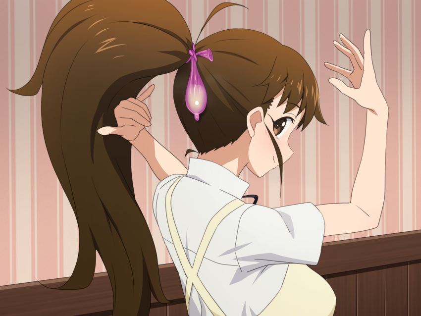 apron breasts brown_eyes brown_hair condom condom_in_hair highres indoors large_breasts looking_back oppai_loli ponytail shirt smile taneshima_popura tedain upper_body used_condom white_shirt working!! yellow_apron