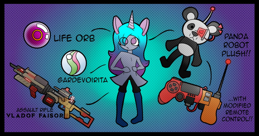 2022 assault_rifle blue_hair controller english_text equid equine fusion generation_3_pokemon giant_panda girly gradient_background gradient_hair gun hair hands_on_hips hi_res horn humanoid kirlia life_orb long_hair long_socks looking_at_viewer maki_(malegardevoir) male malegardevoir mammal mega_stone nintendo not_furry pink_hair plushie pok&eacute;mon_fusion pokemon pokemon_(species) purple_eyes ranged_weapon remote_control rifle simple_background solo text unicorn unicorn_horn ursid video_games weapon