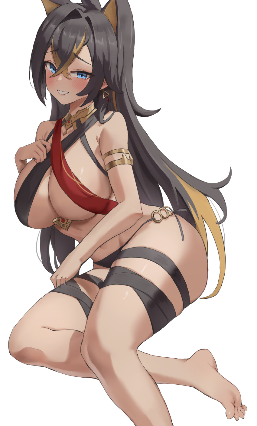 1girl absurdres animal_ears armlet bangs bare_shoulders black_hair blonde_hair blue_eyes breasts brown_hair criss-cross_halter crossed_bangs dark-skinned_female dark_skin dehya_(genshin_impact) earrings genshin_impact grin hair_between_eyes halterneck highres jag_ging jewelry large_breasts long_hair looking_at_viewer multicolored_hair navel o-ring smile soles solo streaked_hair thighs white_background